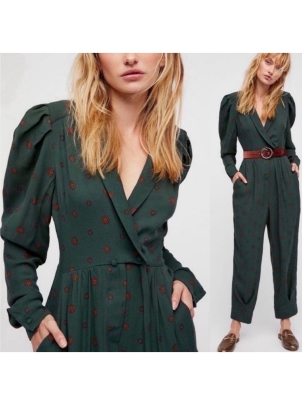 Free people Forest Green Printed Wrap Jumpsuit